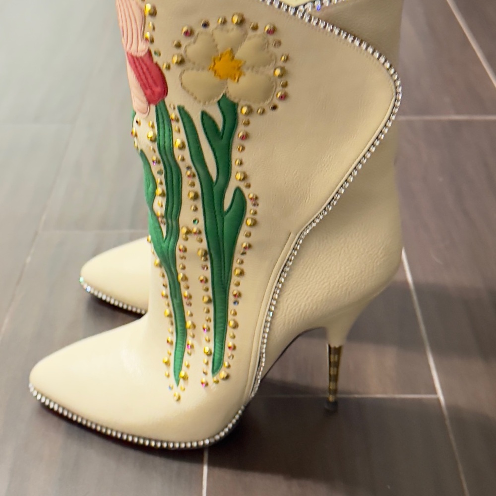Embroidered Cream High Heel Boots